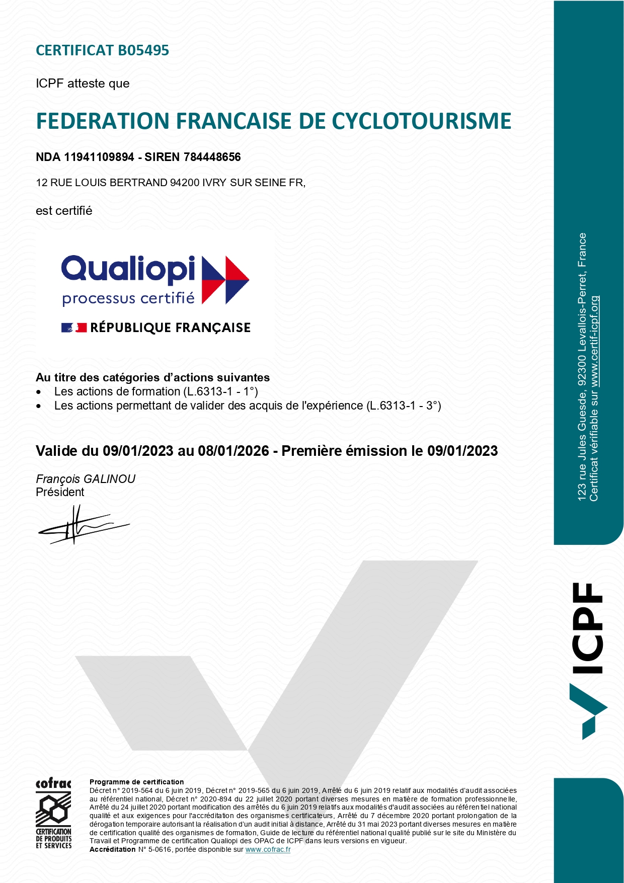 Certificat Qualiopi CNFV - Organisme de formation vélo certifié qualité n° B05495